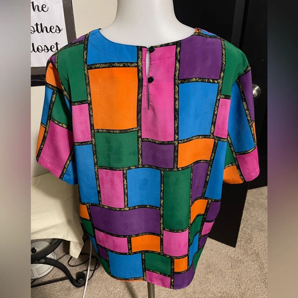 Kathy Che 80s Vintage Multicolor Abstract Short Sleeve Retro Blouse - Picture 4 of 4